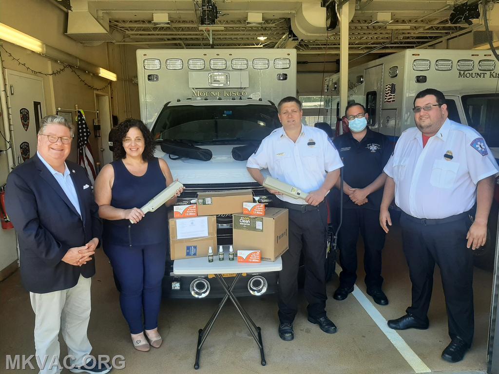 On 8/11/2022, NY State Senator Pete Harckham, and Mount Kisco Mayor Gina Picinich stopped by the Mount Kisco Volunteer Ambulance Corps., to donate UV wands, hand sanitizer, and at-home SARS-CoV-2 test kits. These crucial pieces of equipment will make sure that MKVAC can provide the best care for our community in the safest manner. 